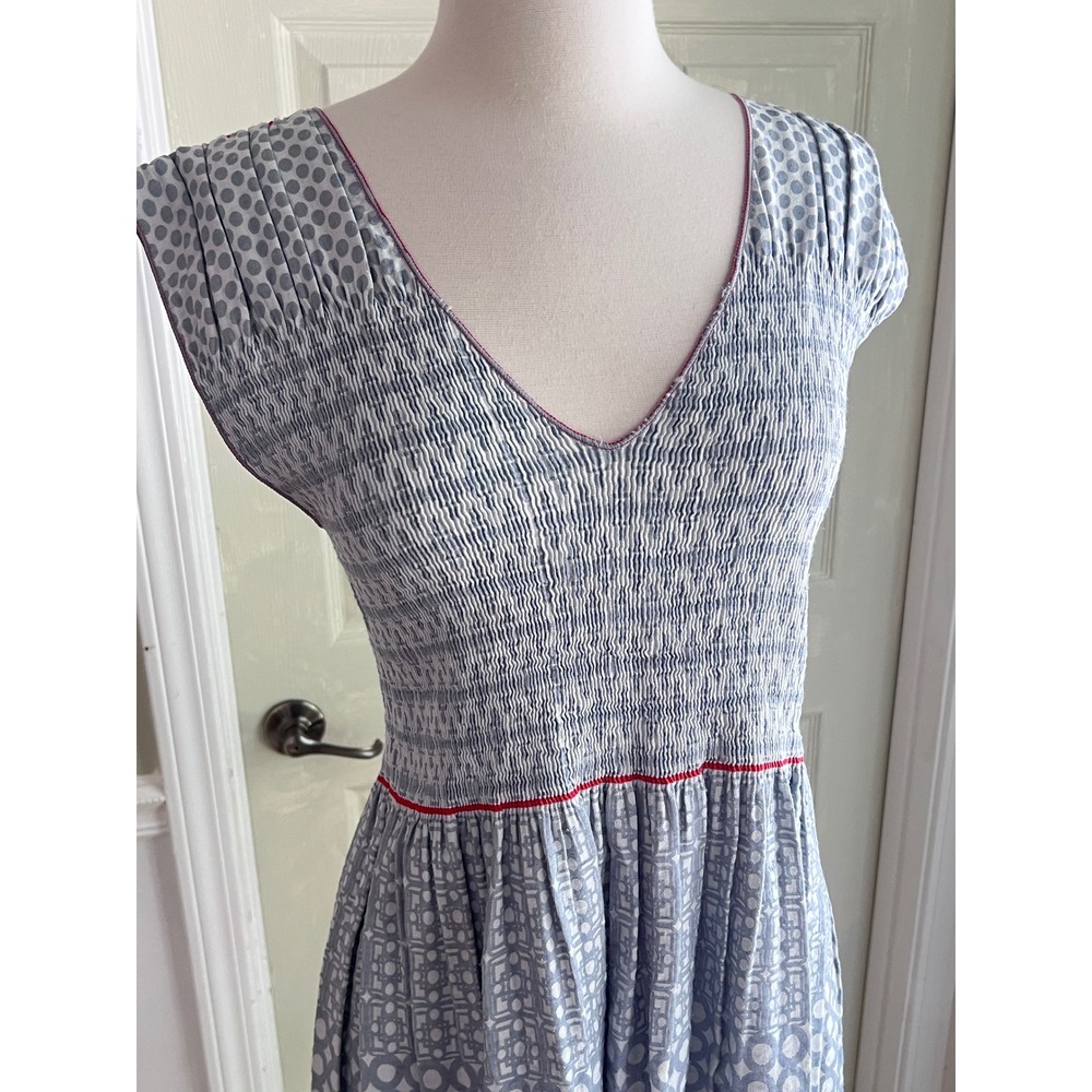 Max Edition Smocked Cap Sleeve Dress Petite Womens Geometric Blue Summer Boho